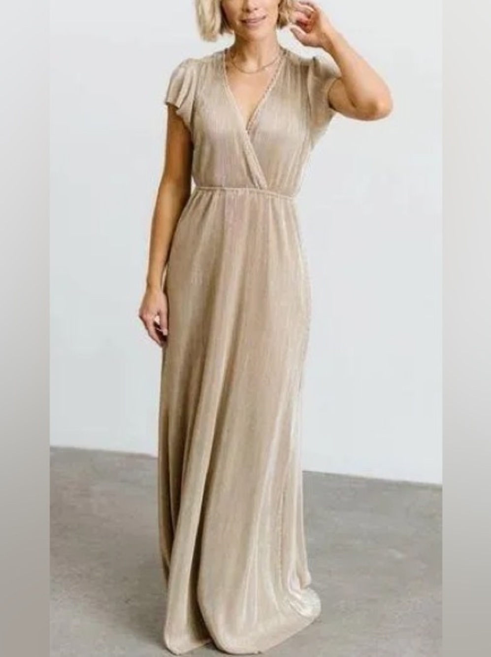 Baltic Born Champagne Gold Shimmer V-Neck Formal Bridal Evening Maxi Dress Small